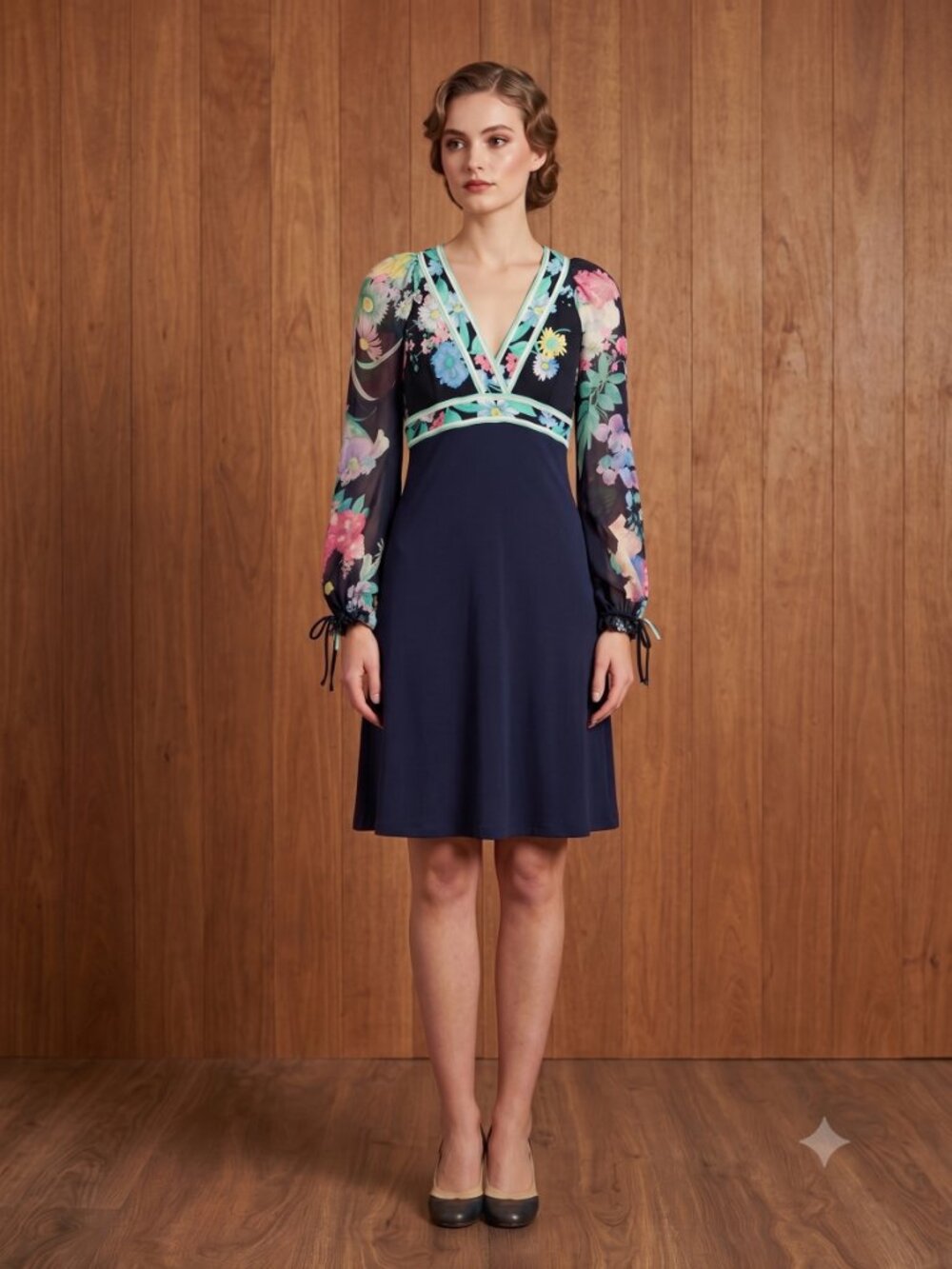 VNTG Leonard Paris black floral print midi  dress with tie sleeves.  Size small